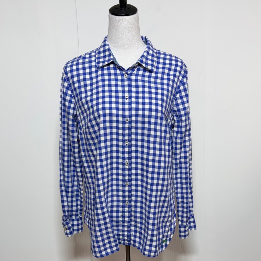 Talbots Top Womens Large Blue White Gingham Plaid Button Up Long Sleeve - Picture 2 of 8